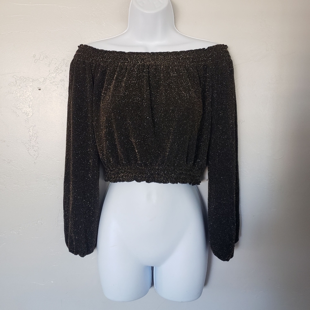 H&M Long Sleeve Crop Top Blouse Black Metallic Gold Off the Shoulder Party